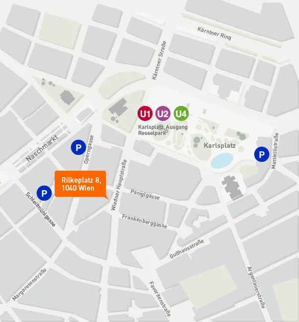 Karte mit dem Standort Rilkeplatz 8 und dem nahegelegenen Karlsplatz